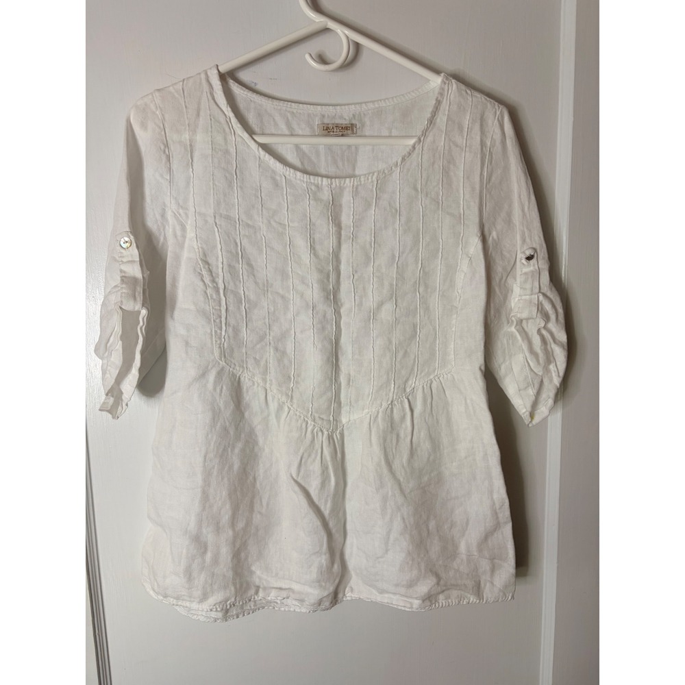 Lina Tomei Italy White 100% Linen Pintuck Peplum Blouse Roll Tab Sleeve Medium